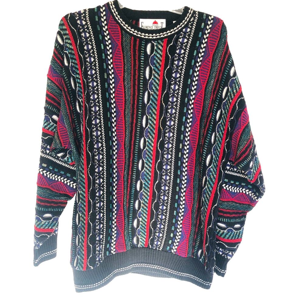 VTG 90s Florence Tricot 3D Knit Sweater Coogi Style Cosby Multi Color L Italy